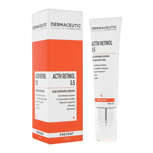 フランスDermaceutic（ダーマシューティック）のアクティブレチノール0.5 セラム30ml。箱入りパッケージとチューブ容器を並べた商品画像
